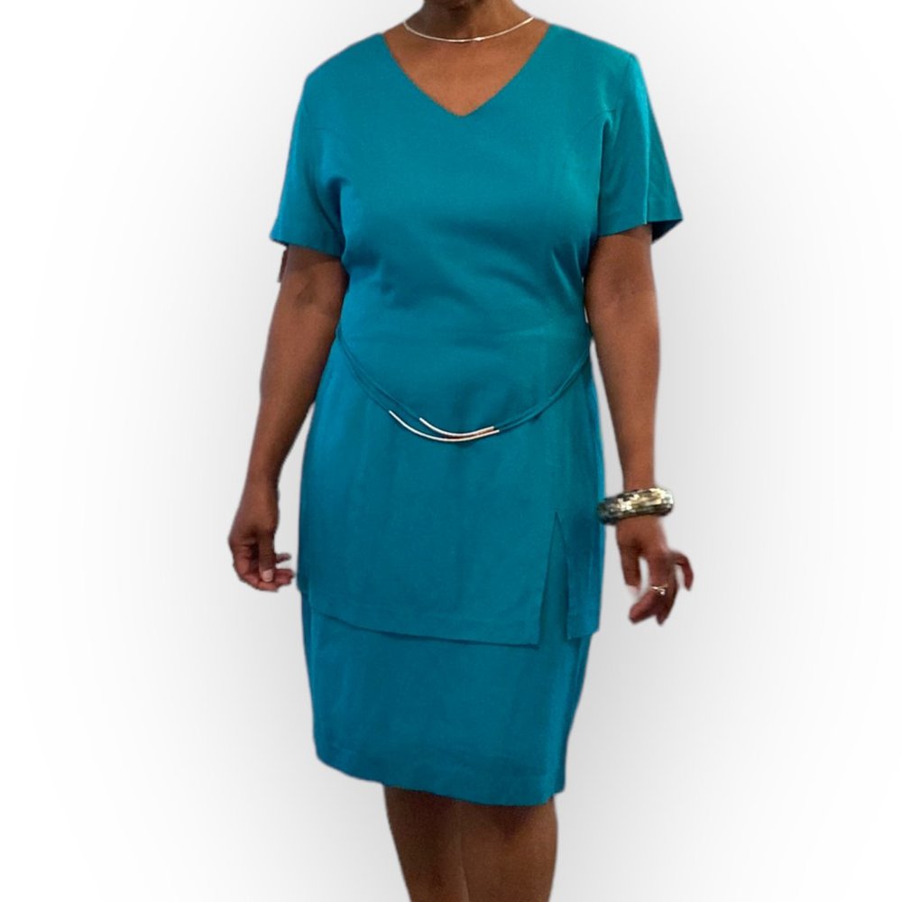 Vintage Turquoise Color Dress with Built-in Belt